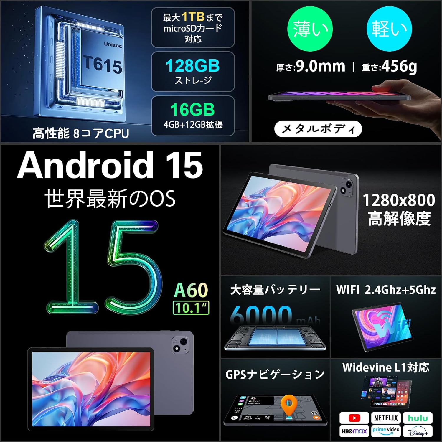 10インチAndroidタブレット 2025年モデル 16GB+128GB 高性能Wi-Fi 6000mAh 日本語説明書付属