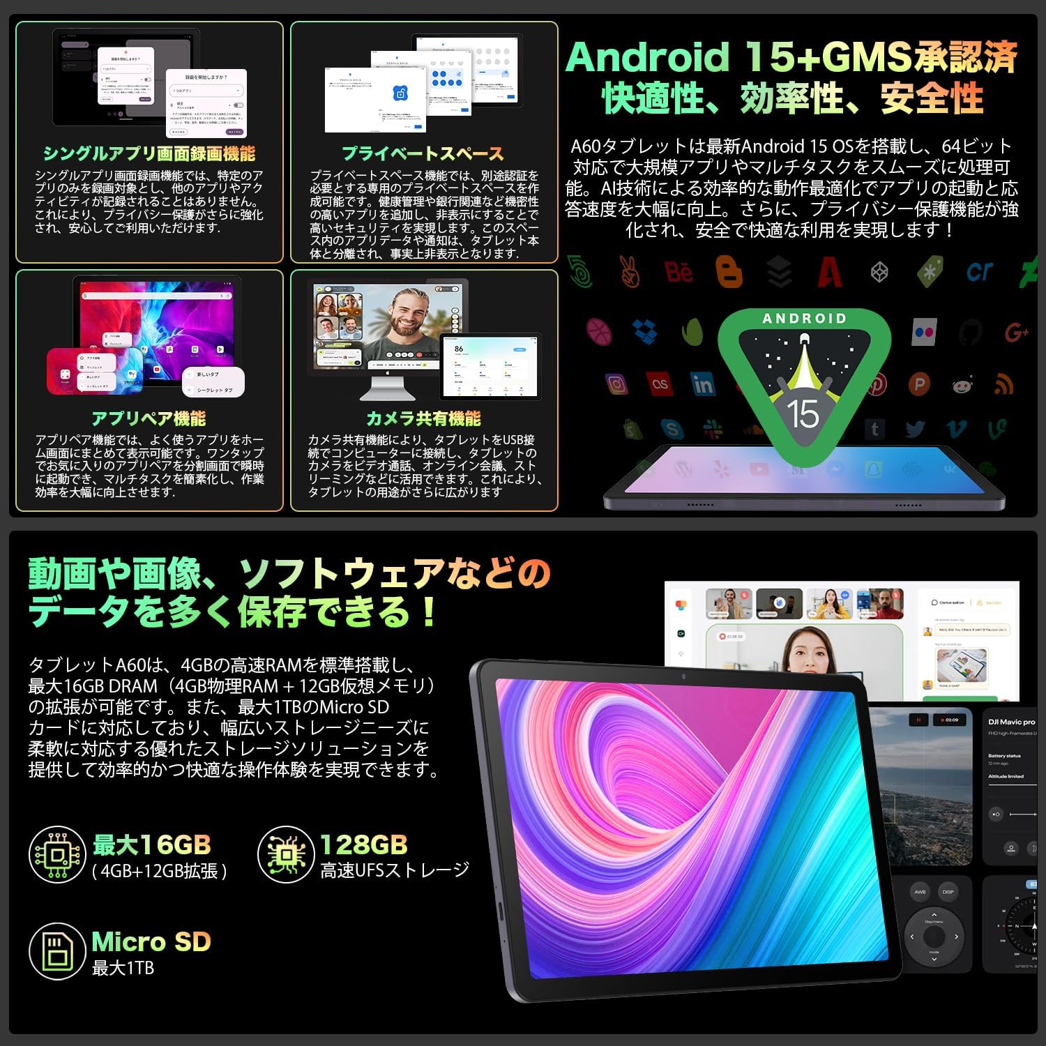 10インチAndroidタブレット 2025年モデル 16GB+128GB 高性能Wi-Fi 6000mAh 日本語説明書付属