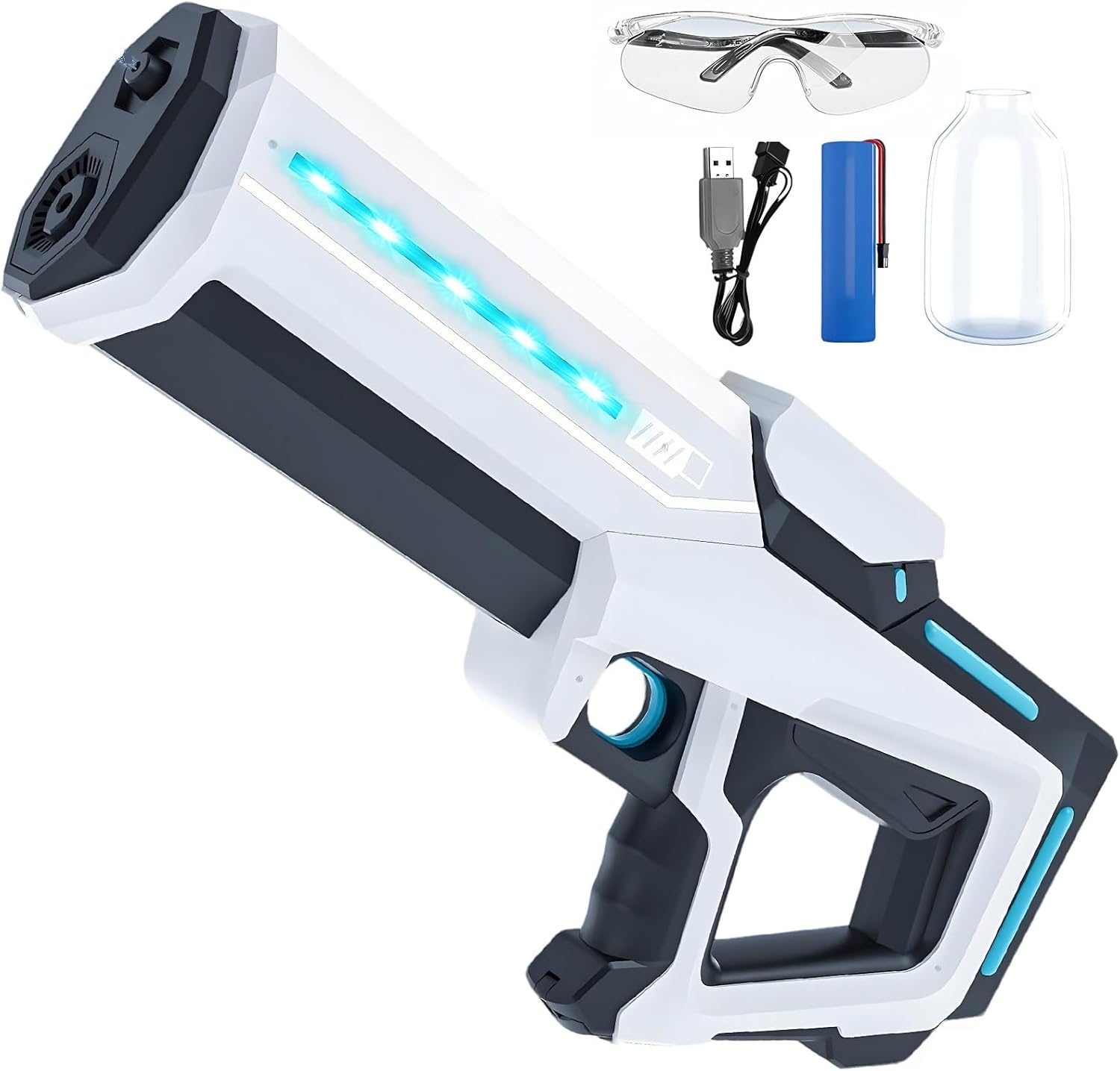 水遊びおもちゃ 電動ウォータービーズガン LEDライト付 超強力水鉄砲 15秒自動吸水 6-10m飛距離 大容量バッテリー (白)