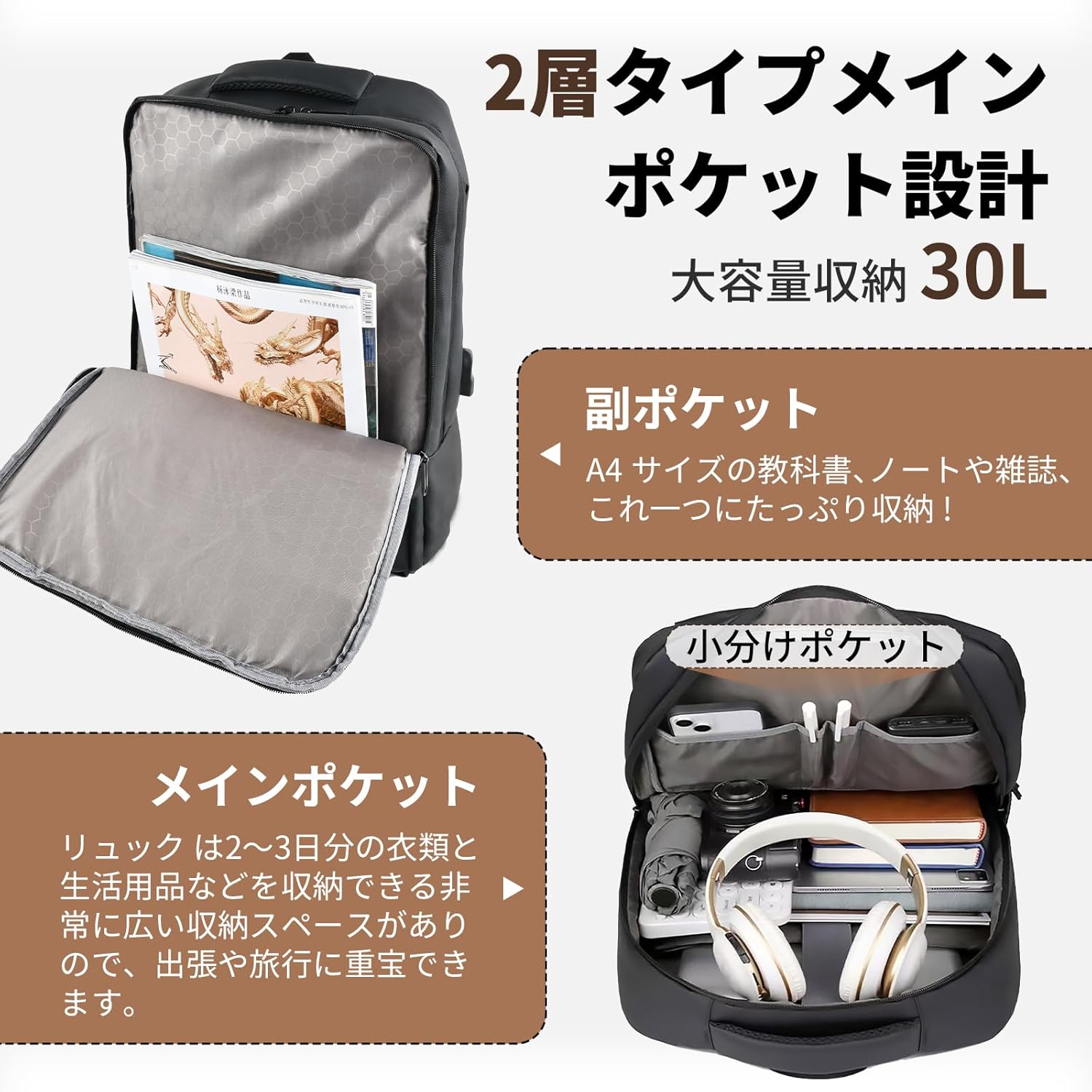 ビジネスリュック メンズ 大容量 防水 30L 15.6インチ PC対応 USB充電ポート付き 男女兼用 ブラック