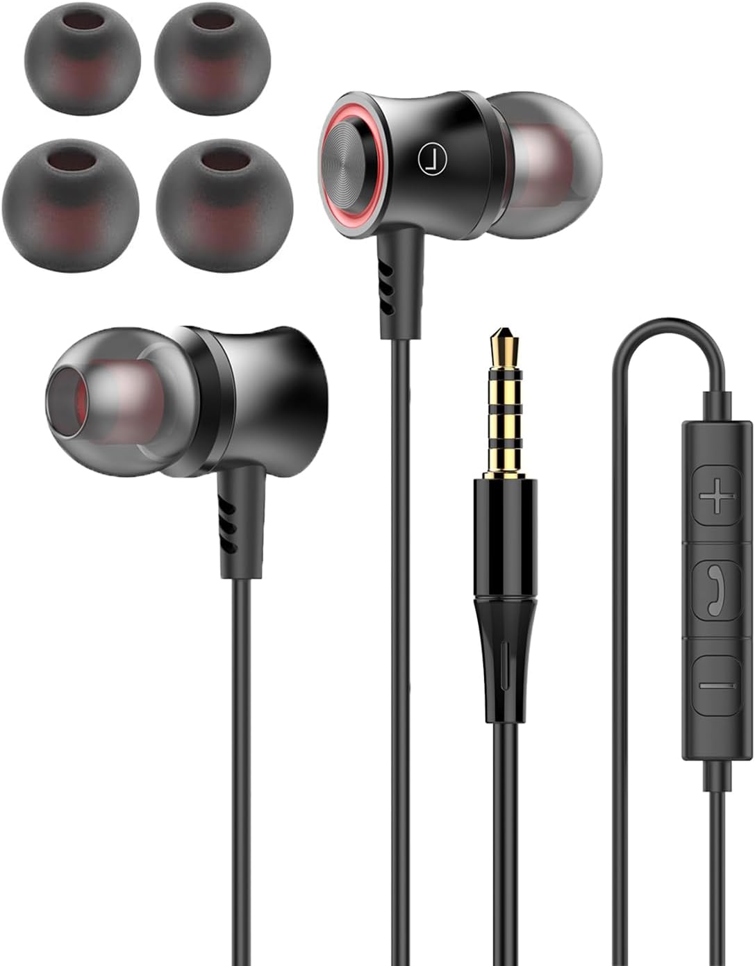 ノイズキャンセリング 有線イヤホン マイク付き 3.5mmプラグ対応 カナル型 小型軽量(レッド)