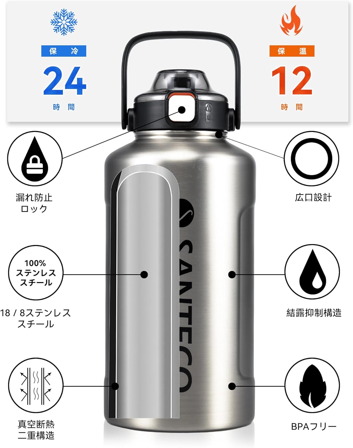 真空断熱ステンレス水筒 1900ML ストロー付き 保冷・保温 シルバー