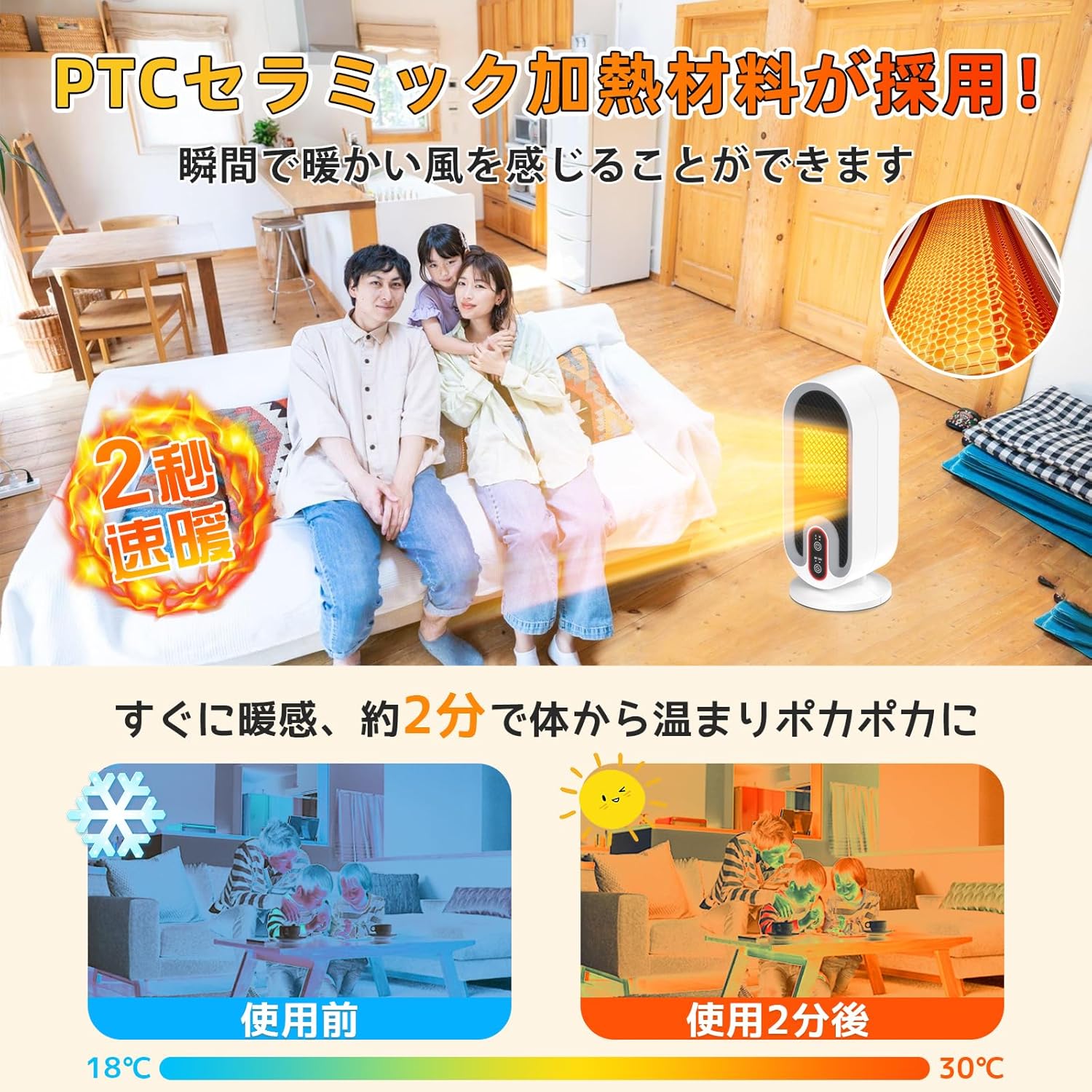 小型セラミックファンヒーター 速暖 650W/800W タイマー機能 PSE認証 省エネ