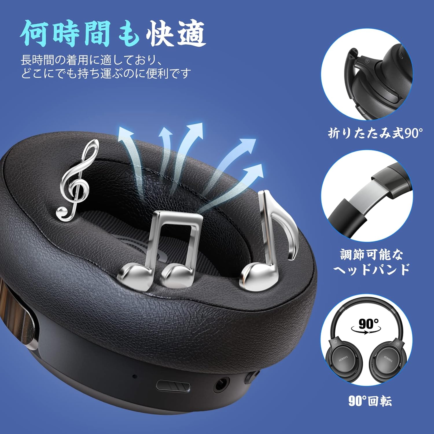 ワイヤレスヘッドフォン Bluetooth5.3 HIFIステレオ マイク付き 65時間再生 密閉型 180g