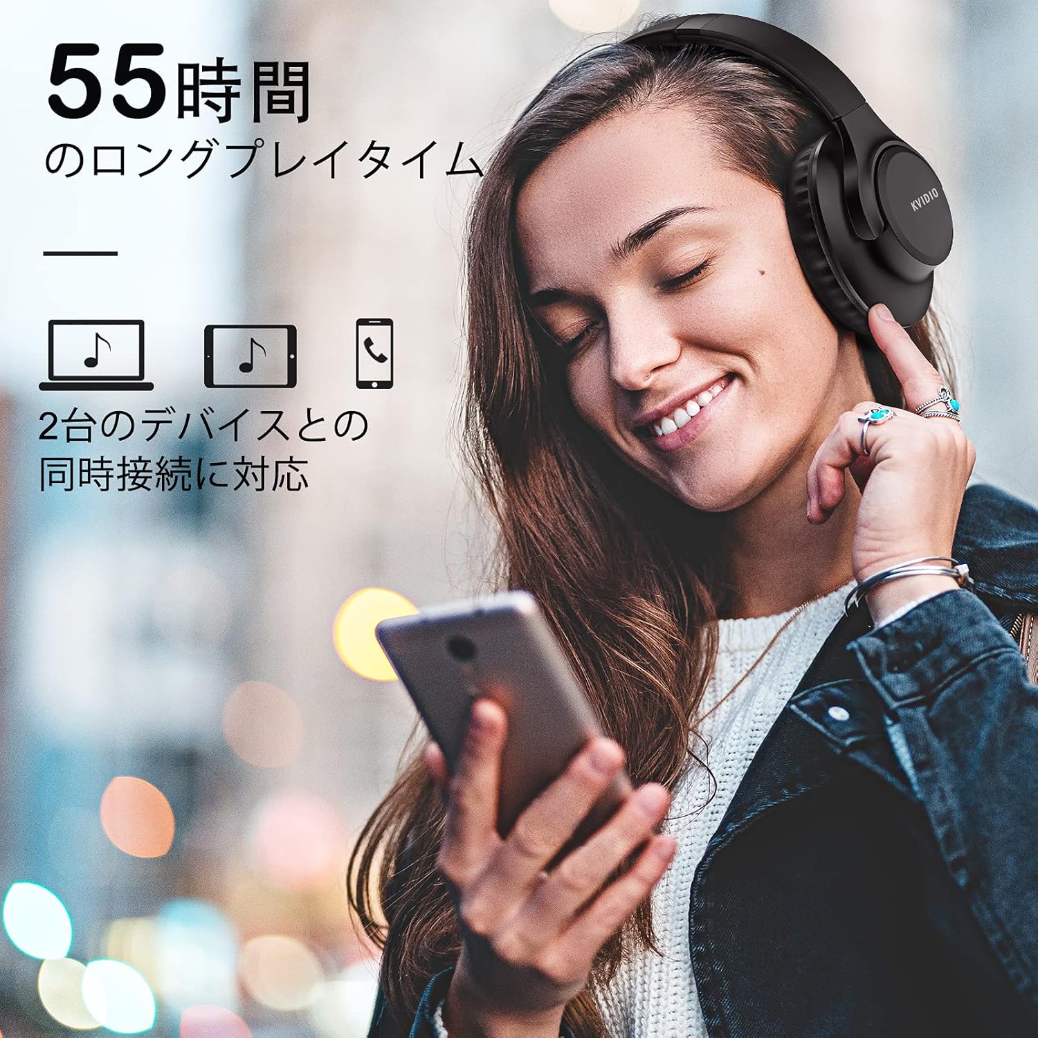 65時間再生 ワイヤレスヘッドホン KVIDIO Bluetooth 5.3 マイク内蔵 密閉型 ブラック