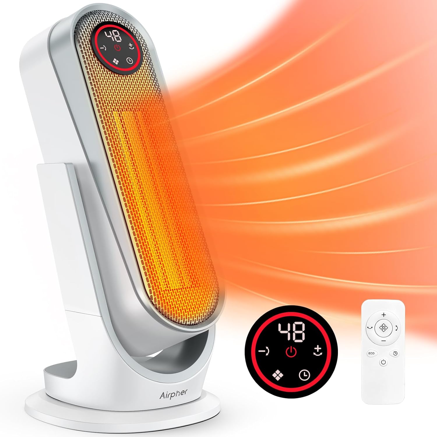 セラミックファンヒーター 1200W ECO節電モード 自動首振り付き リモコン操作 寝室・トイレ用