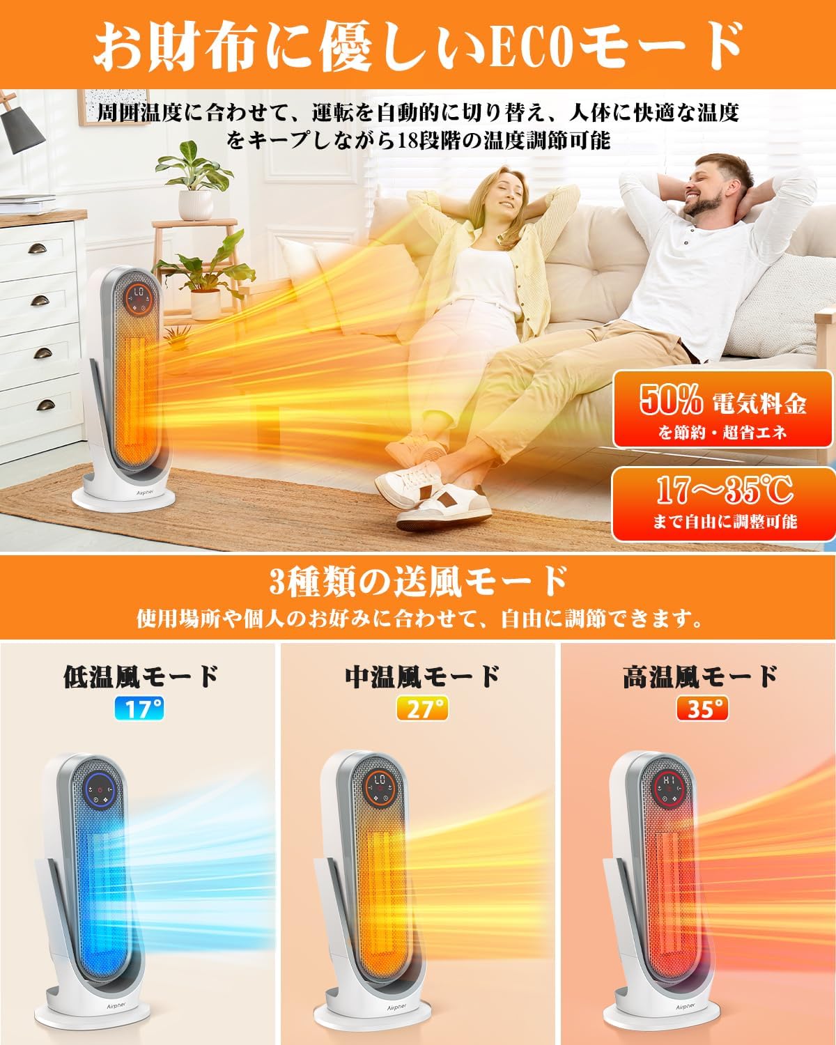 セラミックファンヒーター 1200W ECO節電モード 自動首振り付き リモコン操作 寝室・トイレ用