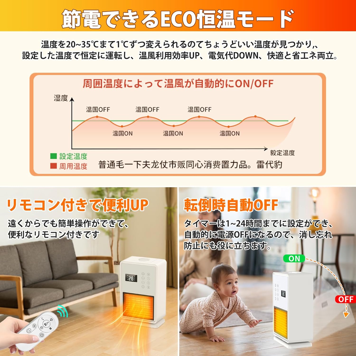 冬用セラミックヒーター【加湿・空気清浄機能付き・人感センサー】1200W/800W、自動首振り、24時間タイマー、節電対策、PSE認証済