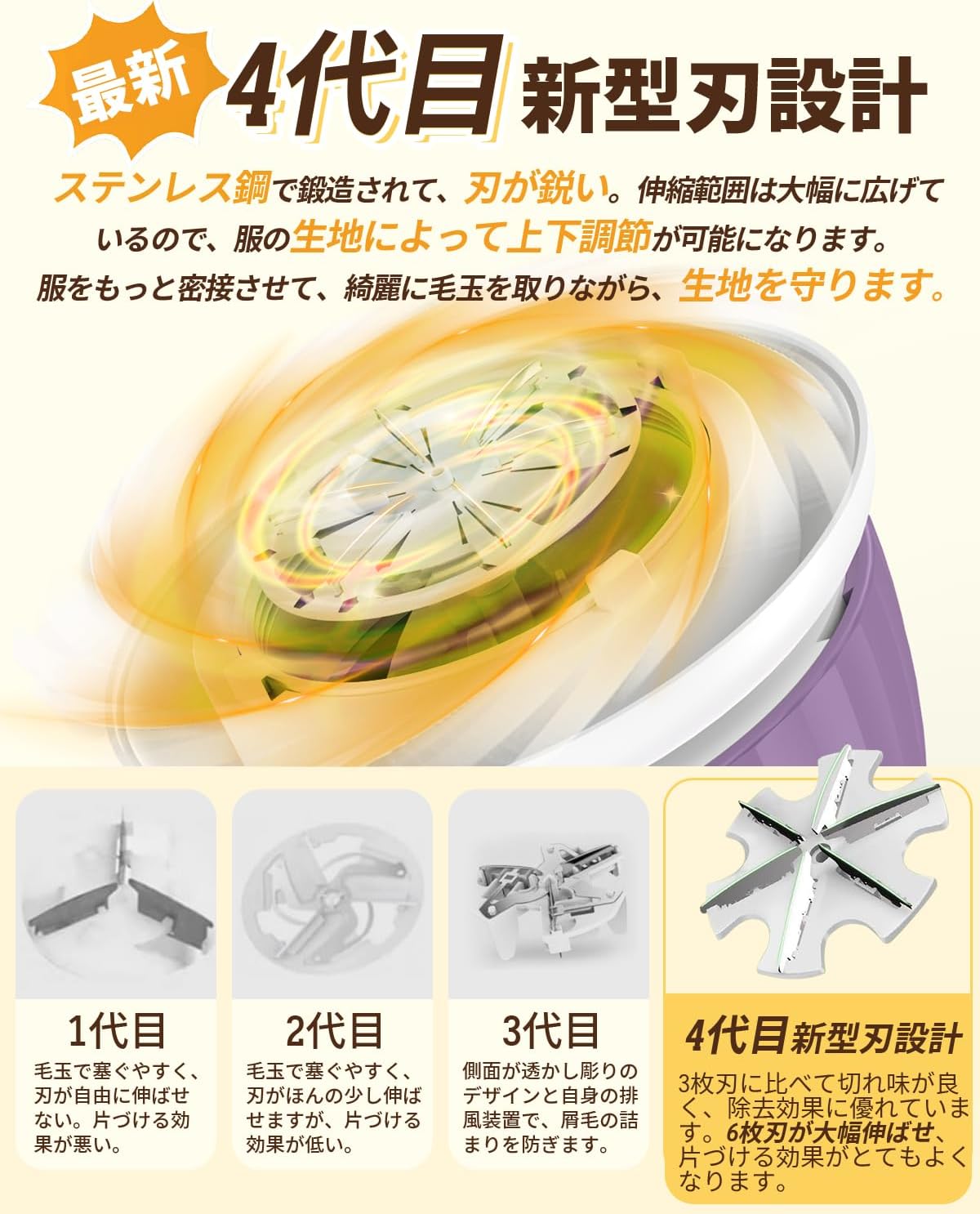 毛玉取り器 LED照明付き コードレス Type-C充電式 旅行・自宅用 様々な生地対応 軽量・強力刃 旅行用・家庭用 (パープル)