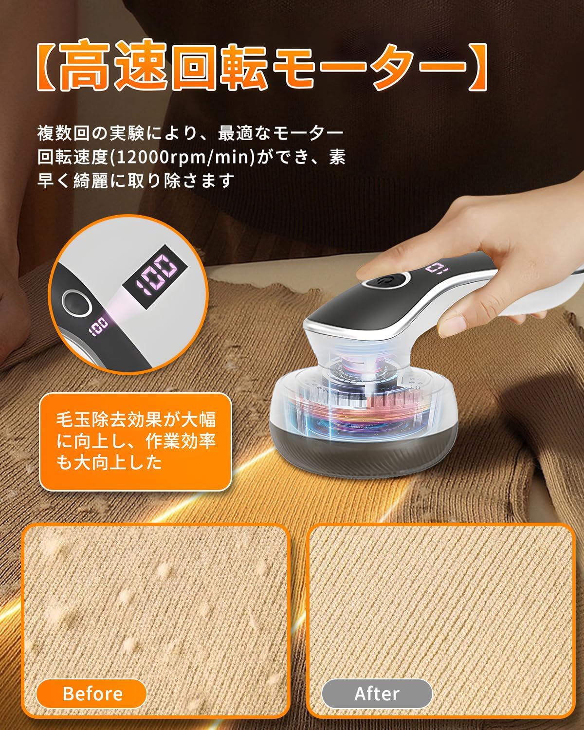 毛玉取り機 Type-C充電式 6枚刃 コードレス 軽量 旅行用 ホワイト