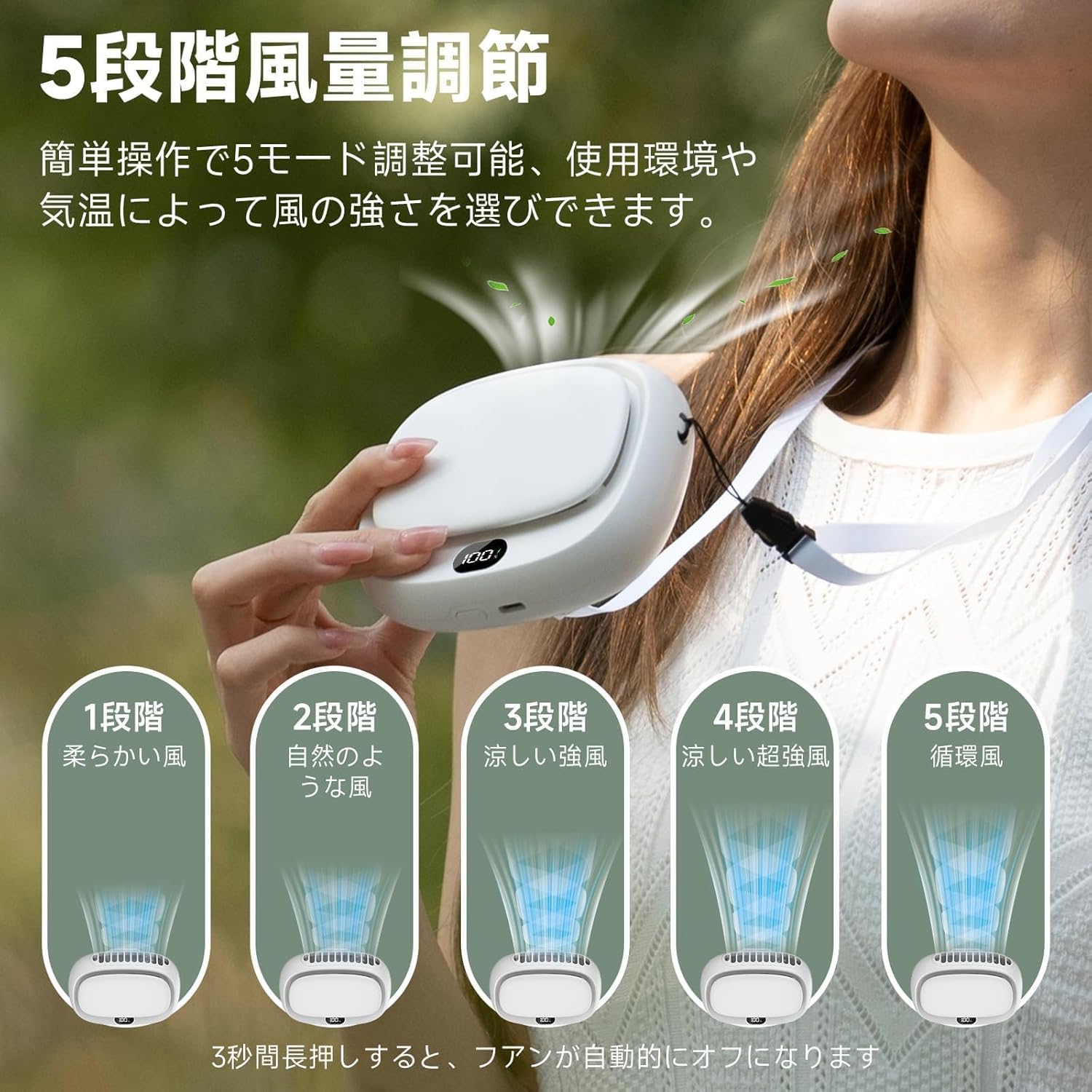 2025年夏向け ViSSKO 超軽量ポータブルネックファン USB C充電式 風量5段階調節 グレー