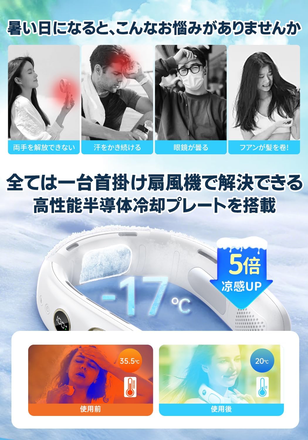 瞬間冷却ネックファン｜超軽量・静音設計・5段階風量調節｜冷却プレート搭載・5000mAh大容量｜熱中症対策・マスク蒸れ対策・贈り物に最適 (ホワイト)