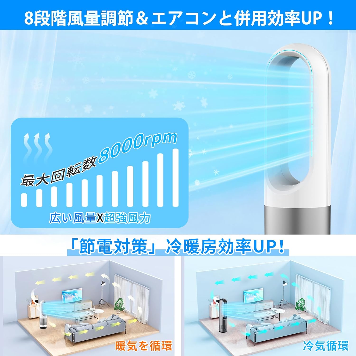 省エネDCモータータワーファン【静音・リモコン付き】室内用扇風機 ブラック