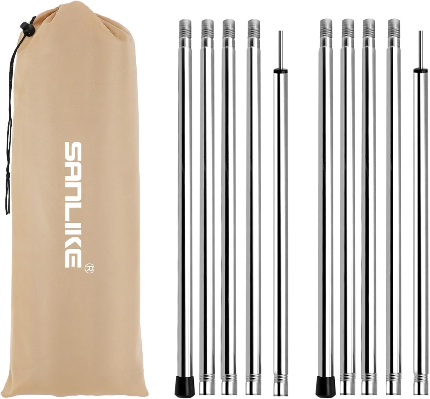 キャンプ用ステンレス製タープポール190cm 2本セット - コンパクト収納袋付き