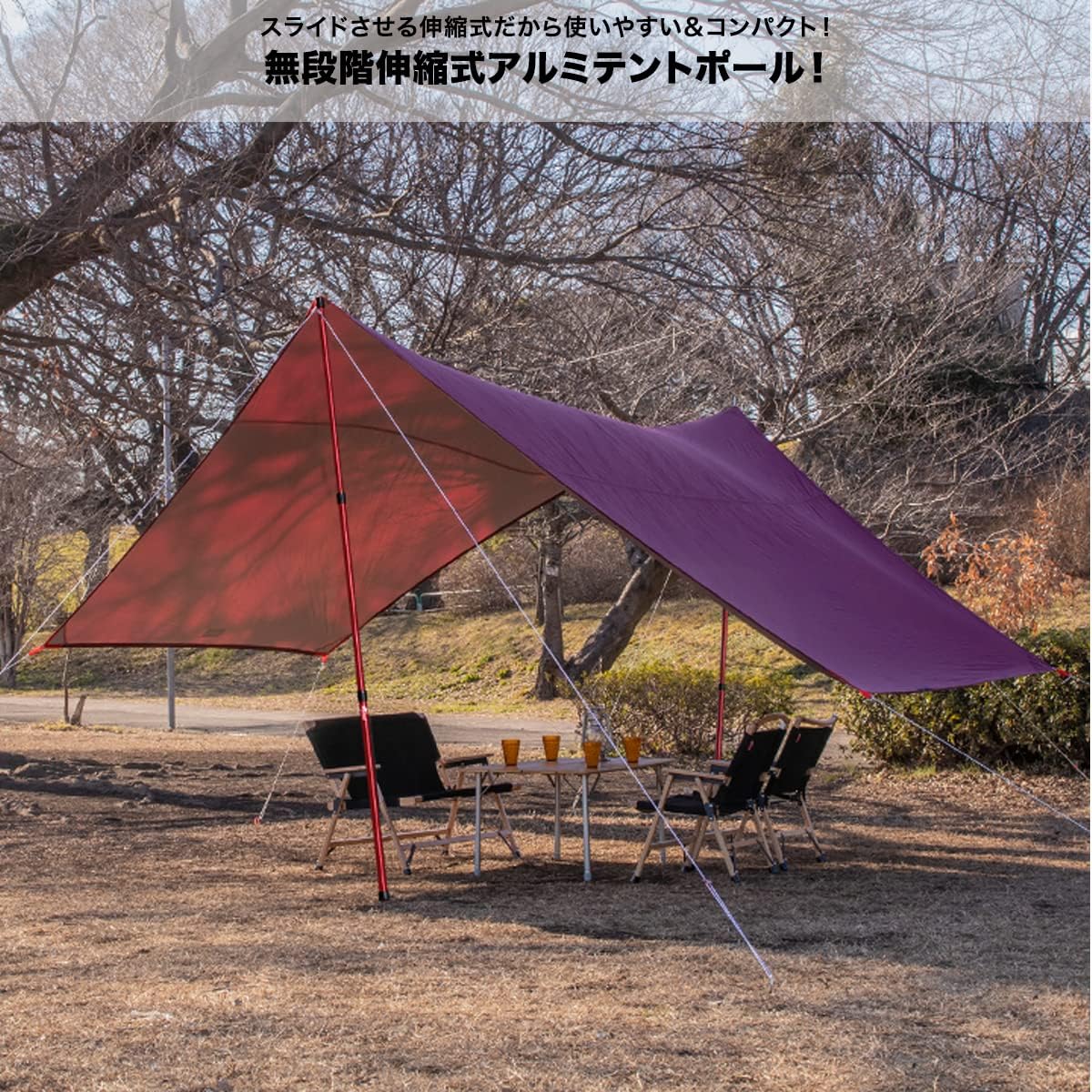 FIELDOOR 伸縮アルミテントポール 直径28mm 89～230cm 高さ調節可能 2本セット 収納袋付き