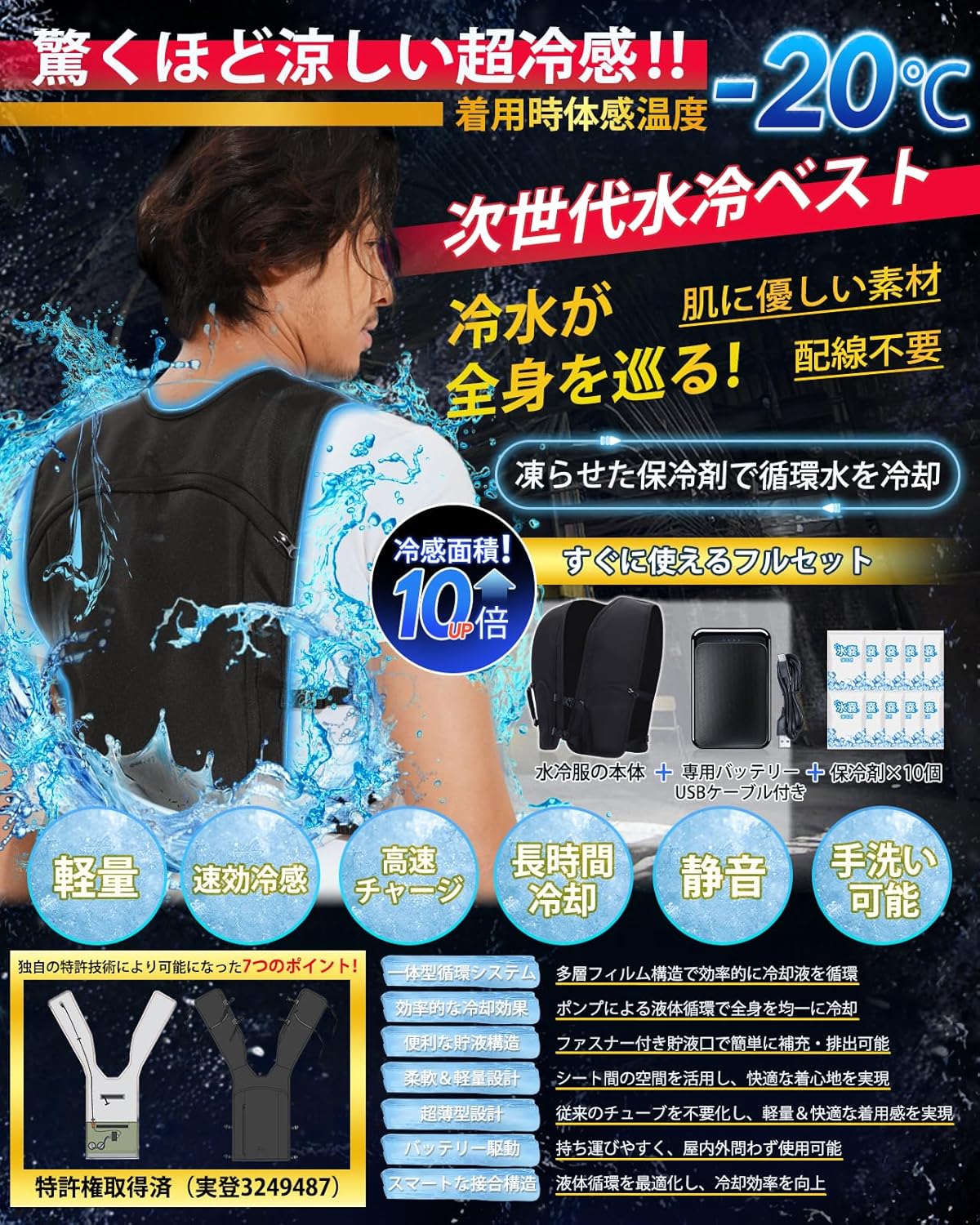 熱中症対策 水冷ベスト 男女兼用 10000mAhバッテリー 通気性 吸汗 薄型 フリーサイズ
