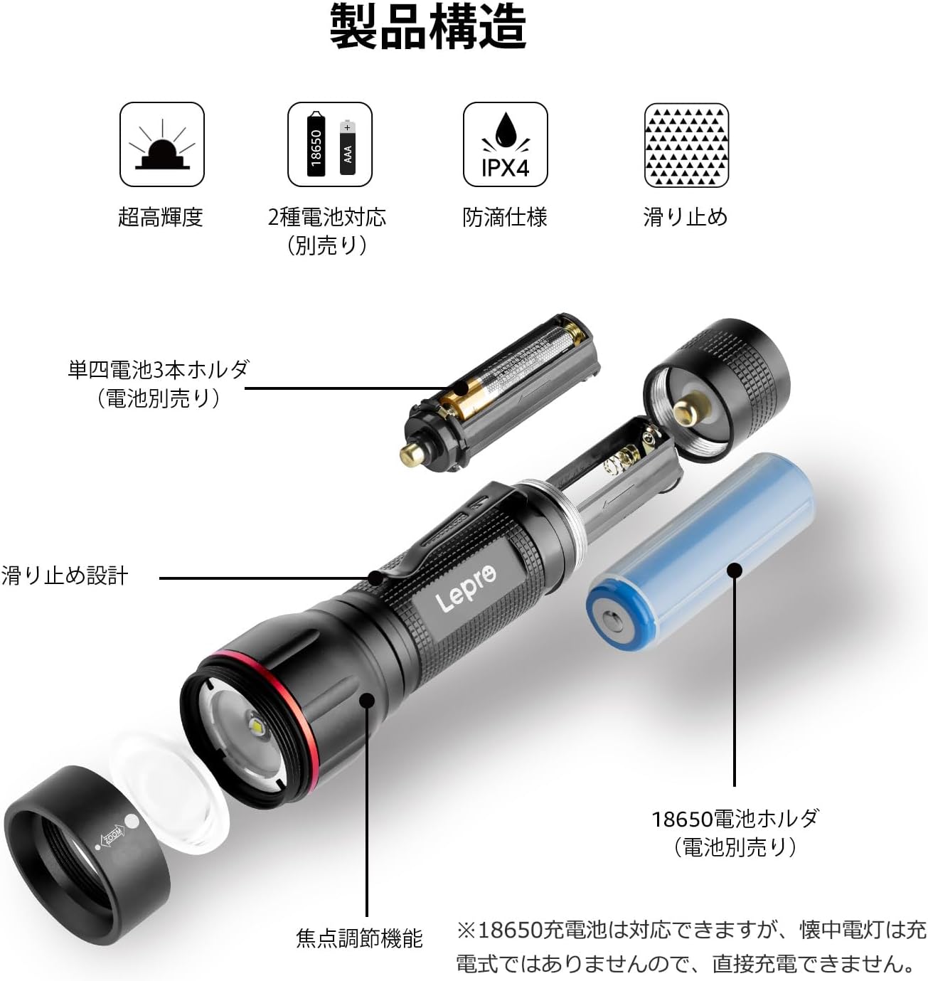 防災・緊急用 Lepro LED懐中電灯 軍用仕様 18650・単四電池対応 ズーム式 5灯モード 防滴 軽量 クリップ付き (1個パック)