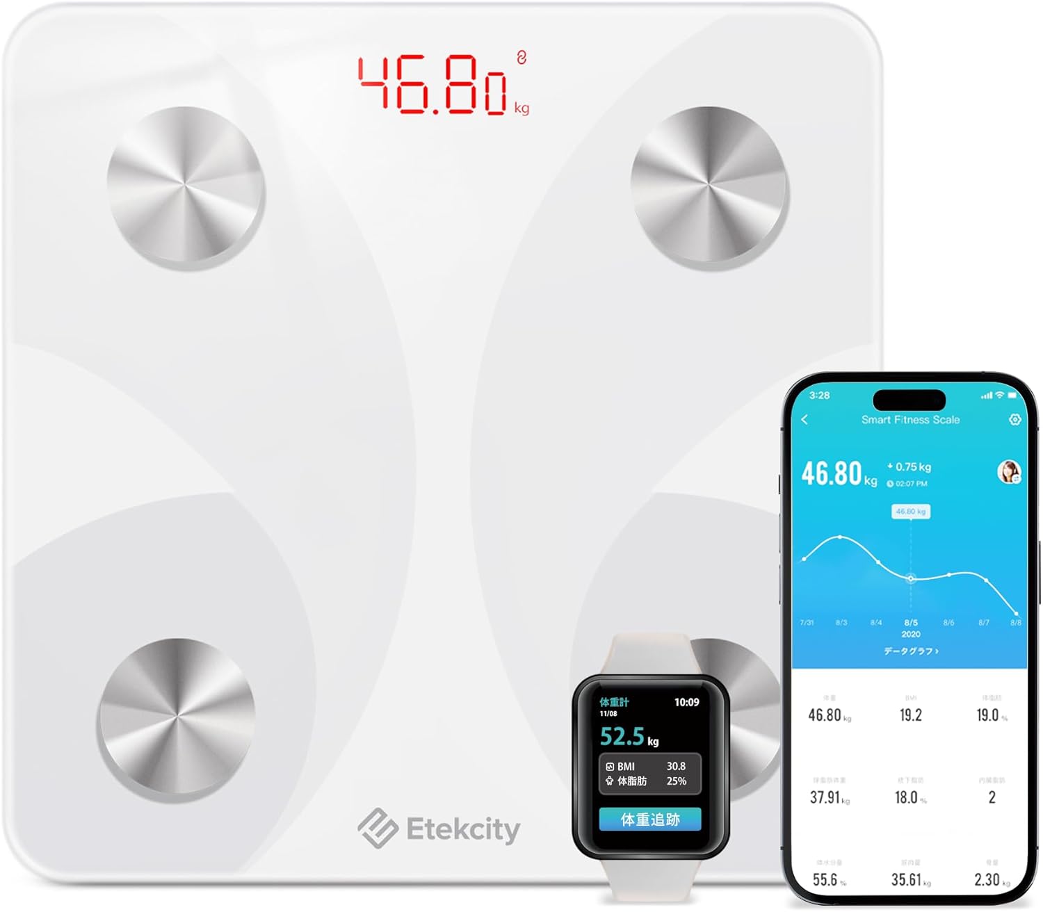 13項目測定可能なスマート体重計 体脂肪計 Fitbit連携 日本語対応 APP付き FIT8S (ホワイト)