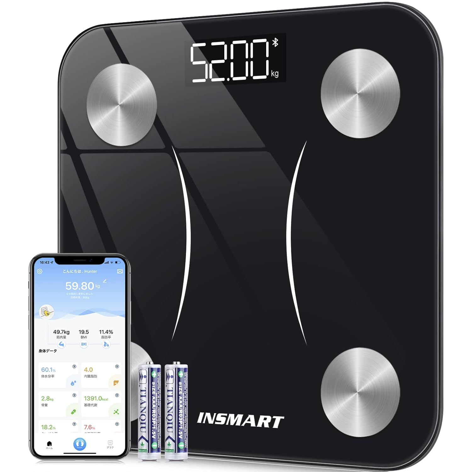 Bluetooth対応体脂肪計・体組成計 16項目測定 スマホ連動 ブラック