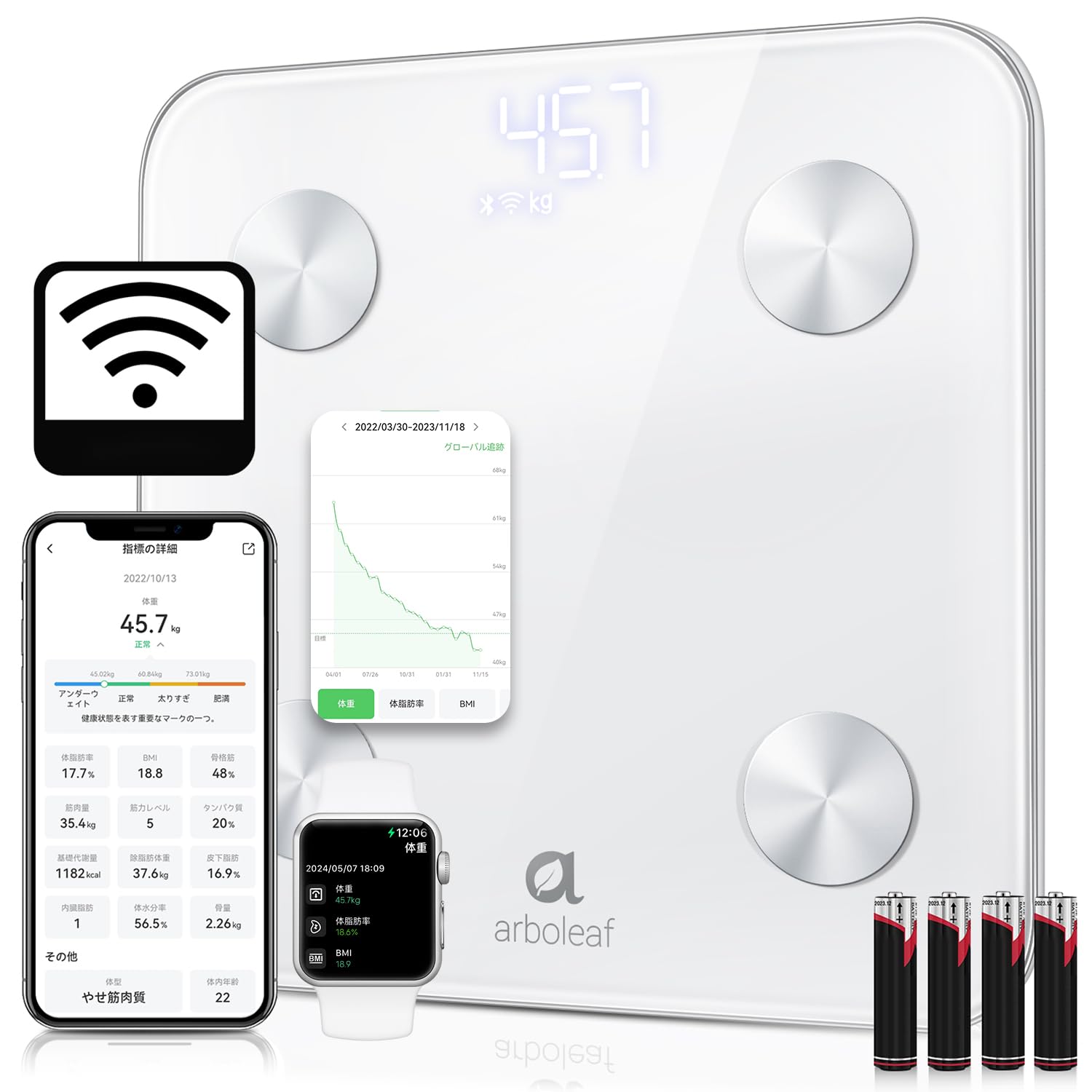 スマホ連動体組成計 14項目測定 WiFi/Bluetooth接続 ヘルスメーター【あすけん連携】電池付属 日本国内サポート
