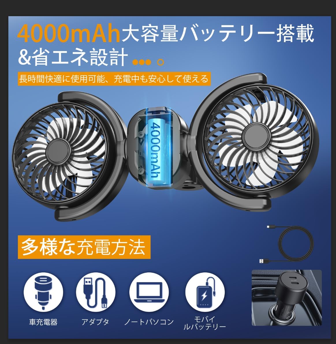 車載用 低騒音ワイヤレスファン 3段階風量調節 360°回転 4000mAhバッテリー