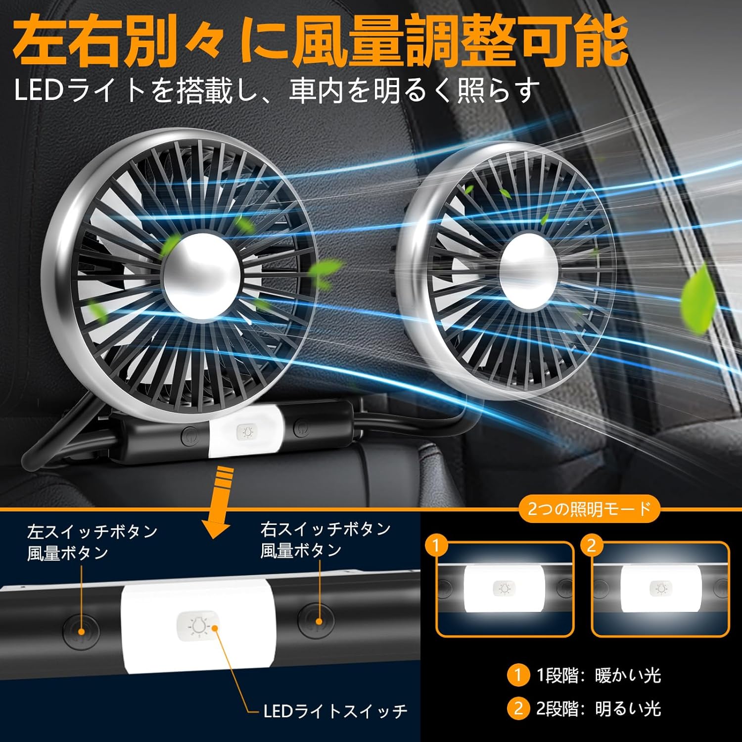 車載用USB扇風機 360°調整可能・3段階風量・低騒音・熱中症対策