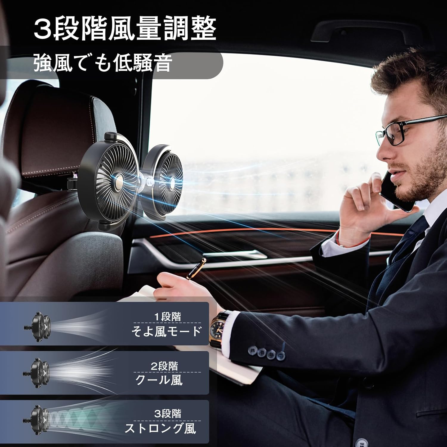 夏の車中泊用双頭USB扇風機 熱中症対策 360°角度調節 静音設計