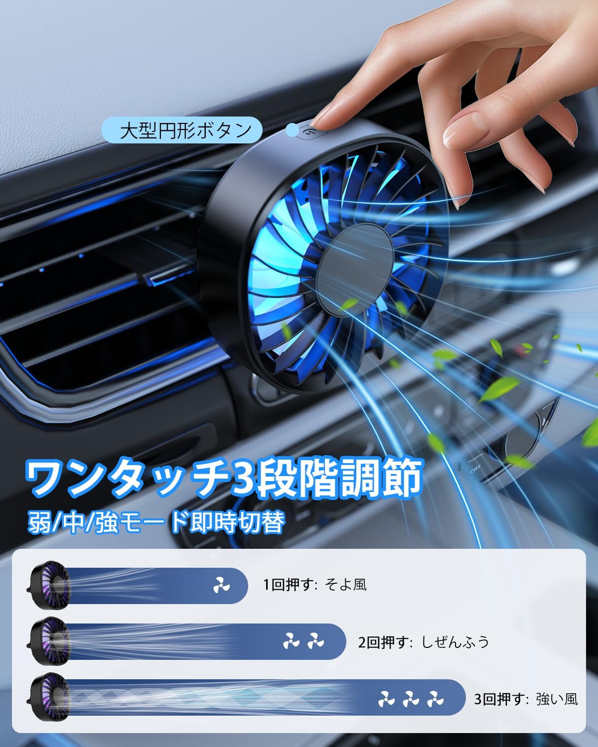 夏用車載扇風機 強風・静音 USB給電 角度調節可能 夏の暑さ対策