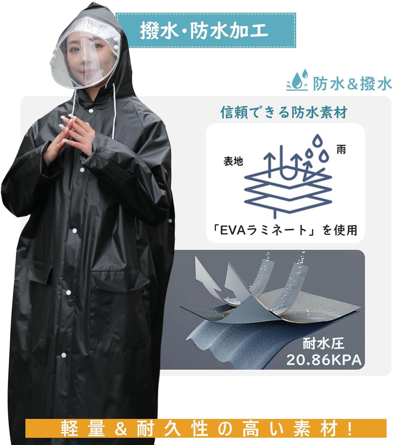 自転車用レインポンチョ レディース・メンズ兼用 二重透明レインバイザー付き 通勤・通学用【膝丈・梅雨対策】