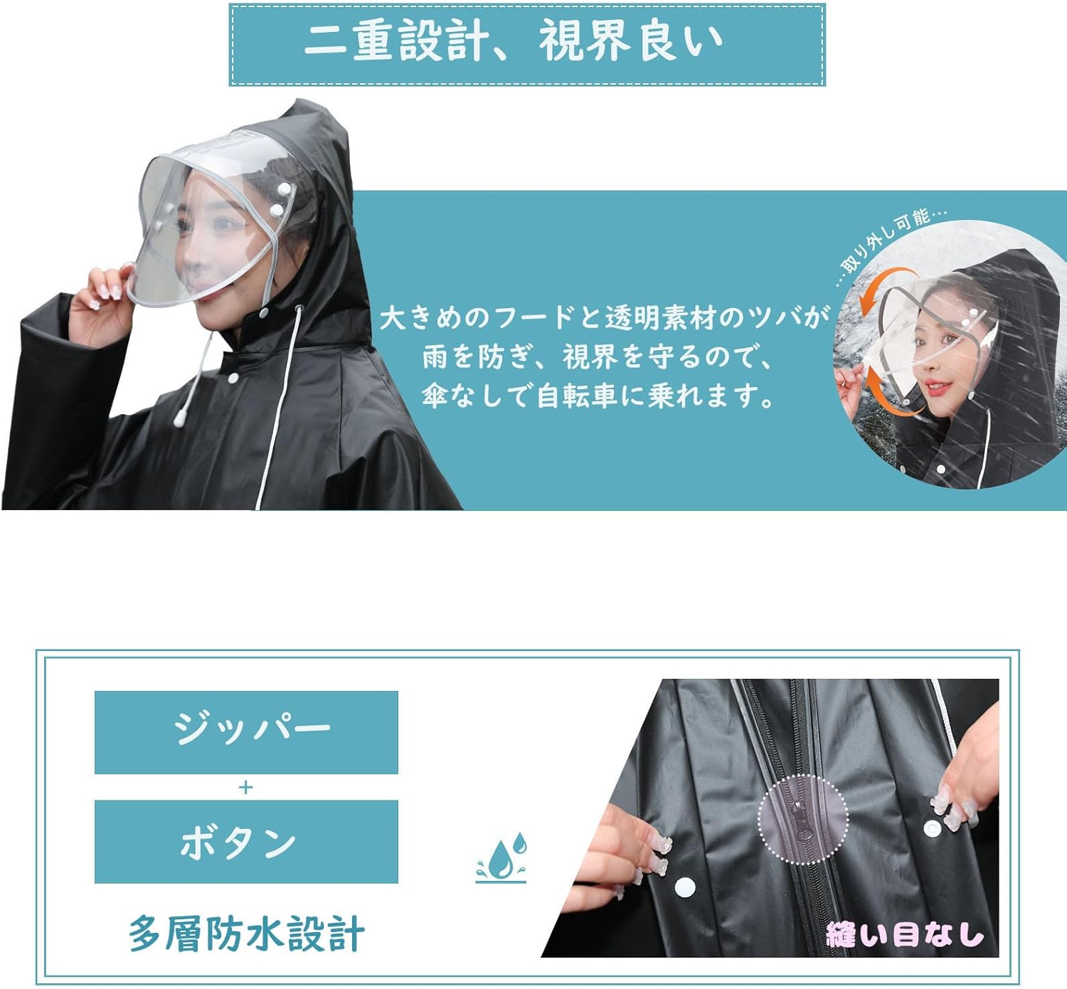 自転車用レインポンチョ レディース・メンズ兼用 二重透明レインバイザー付き 通勤・通学用【膝丈・梅雨対策】