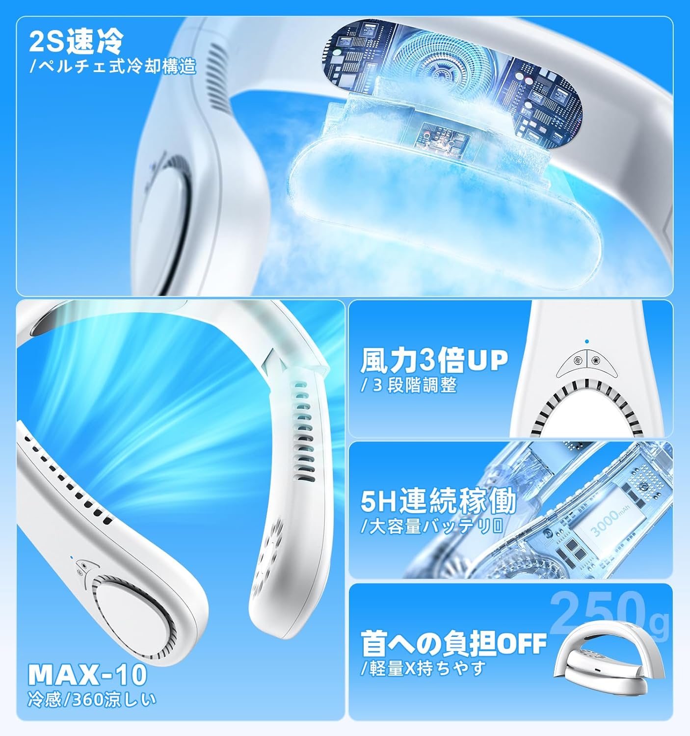 母の日・父の日ギフト ネッククーラー 250g 静音 USB充電式 3000mAh 折りたたみ 男女兼用
