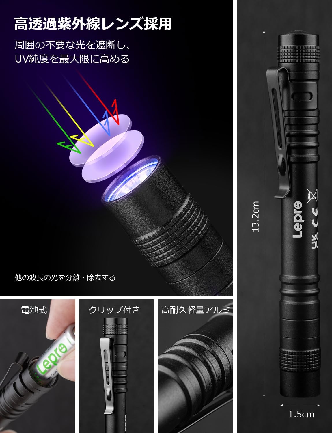 アニサキス対策用 365nm UVライト クリップ付き 超軽量アルミ製 LED 懐中電灯
