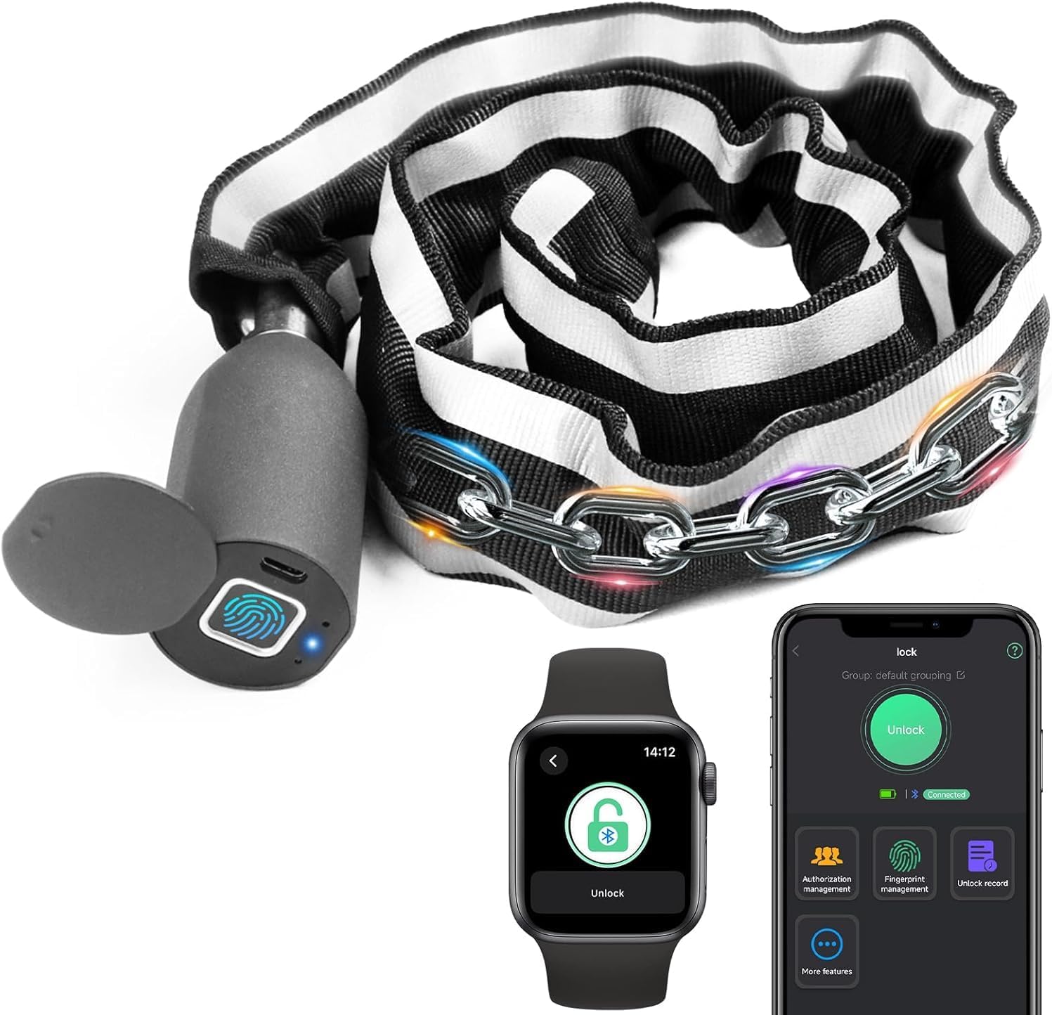 指紋認証スマート自転車チェーンロック USB充電式 100cm IP67防水