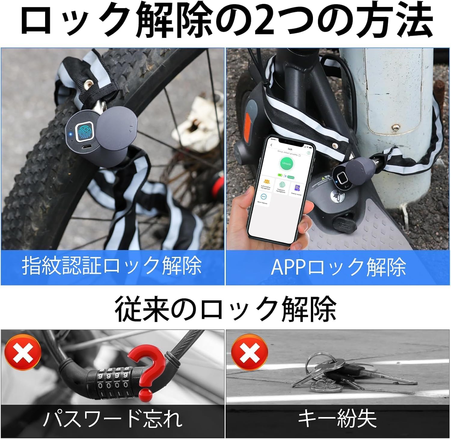 指紋認証スマート自転車チェーンロック USB充電式 100cm IP67防水