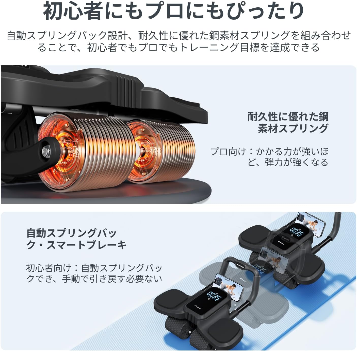 腹筋トレーニング用自動スプリングバック4輪ローラー LCDディスプレイ付き 膝マット・スマホスタンド付 200kg対応 静音 プロ向け