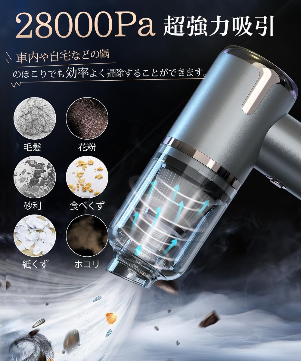 コードレスハンディクリーナー 28000Pa吸引力 乾湿両用 USB充電 小型 超軽量0.37kg【2025新登場】