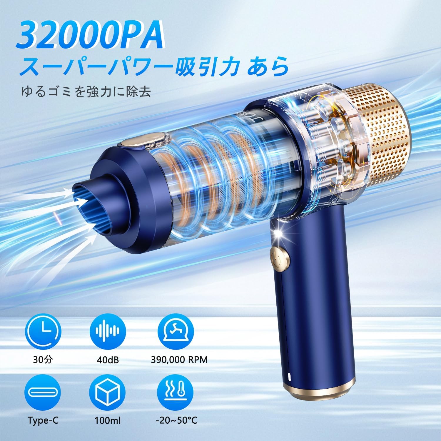 車用コードレスハンディクリーナー 32000PA 多機能乾湿両用 4in1エアーポンプ付き 軽量・静音タイプ