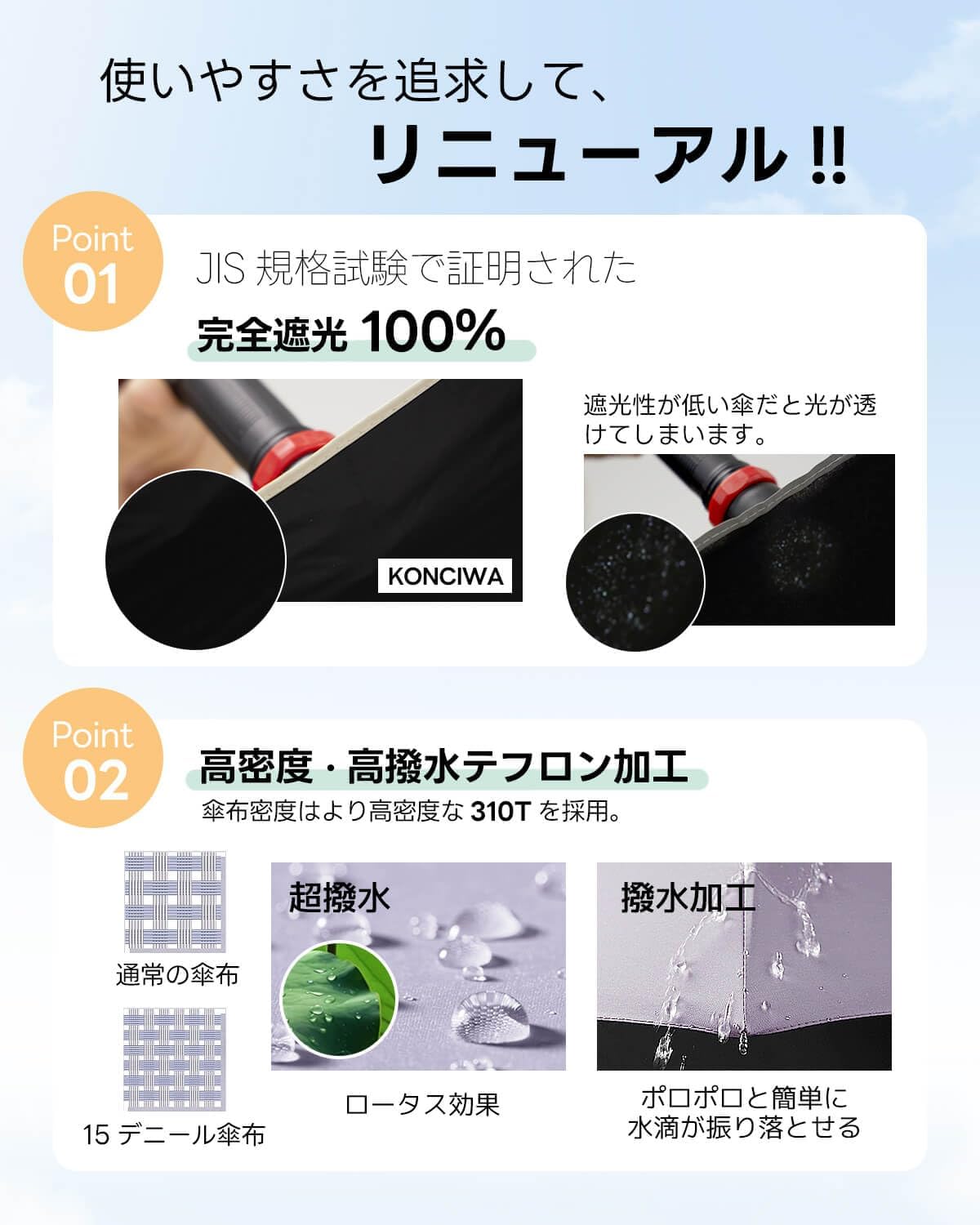 母の日・父の日向け コンパクトUVカット完全遮光日傘 軽量189g-199g ワンタッチ自動開閉