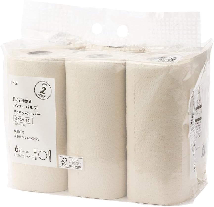 バンブーパルプ 無漂白 キッチンペーパー 100カット×6ロール