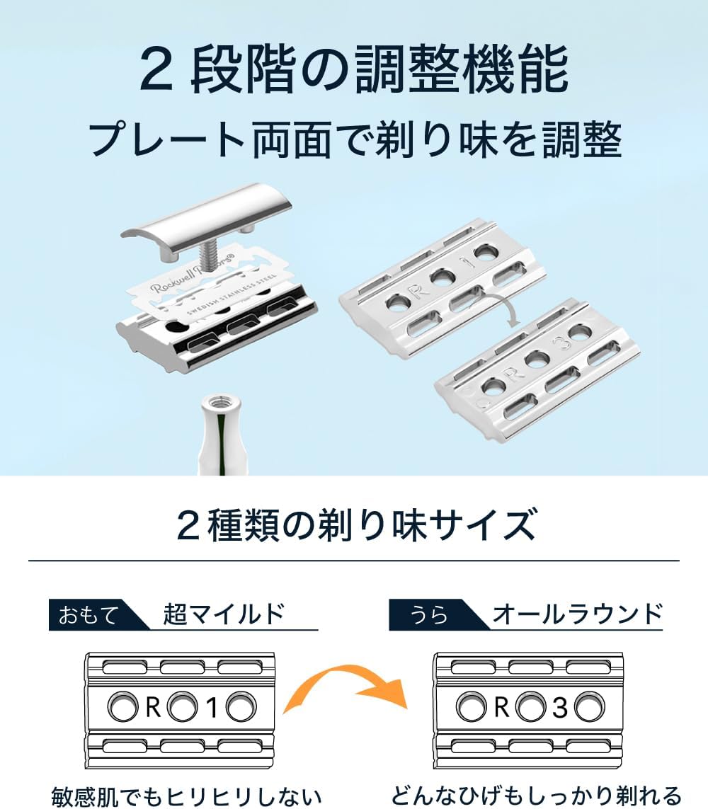 高級アジャスタブル両刃カミソリ（初心者・敏感肌向け）ホワイトクローム・替刃5枚付き