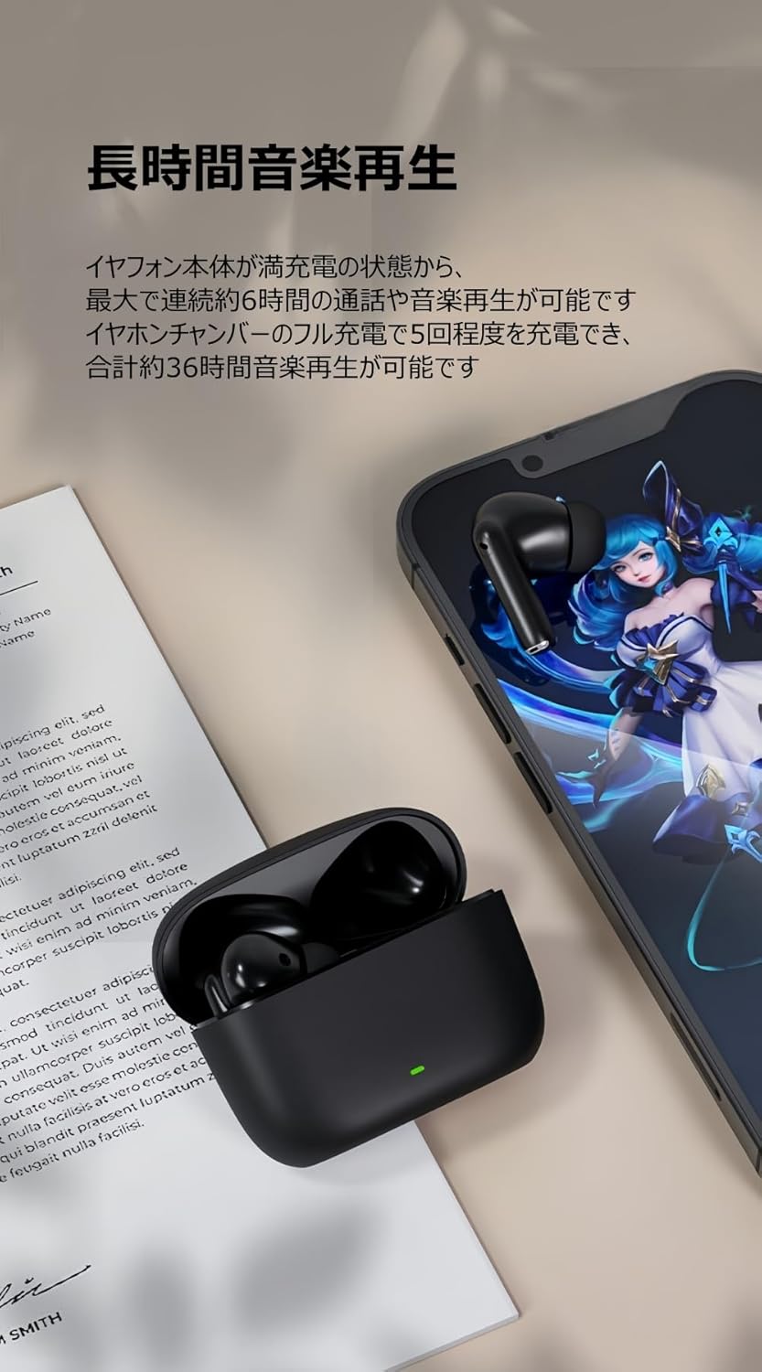 2025新モデル ワイヤレスイヤホン Bluetooth ノイズキャンセリング マイク付き IPX7防水 ブラック