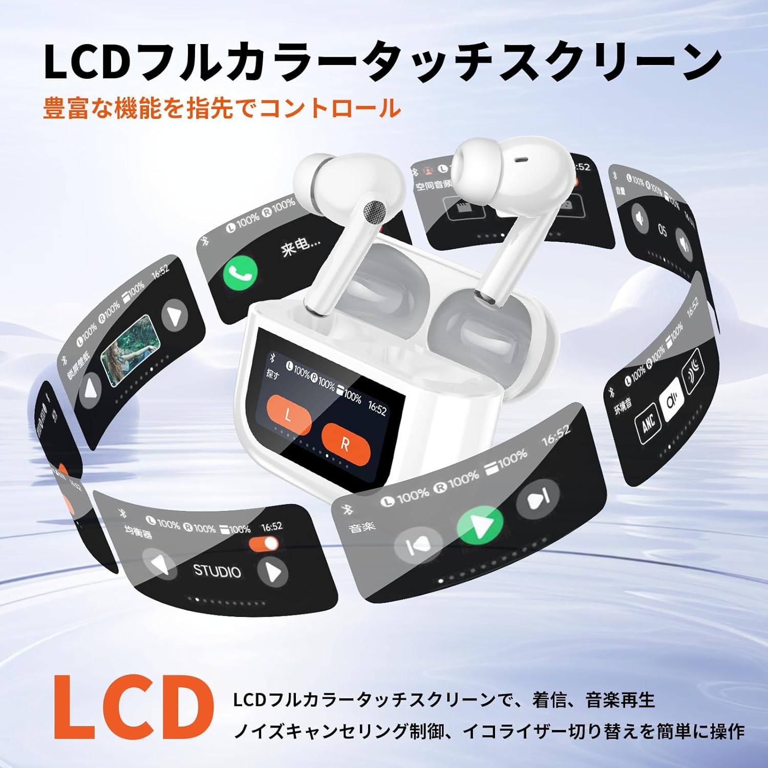 Bluetooth 5.4対応 ワイヤレスイヤホン ANC搭載 多機能タッチスクリーン ホワイト