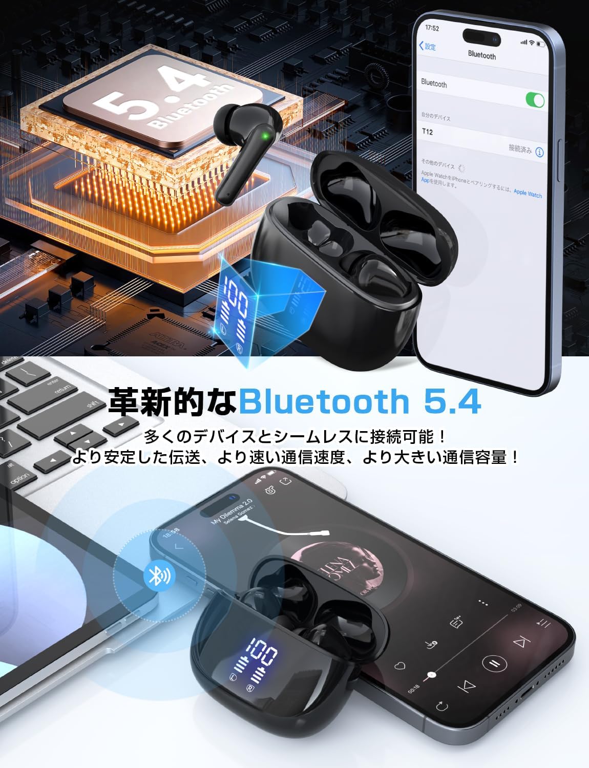 Bluetooth5.4対応 ノイズキャンセリング ワイヤレスイヤホン（ブラック）