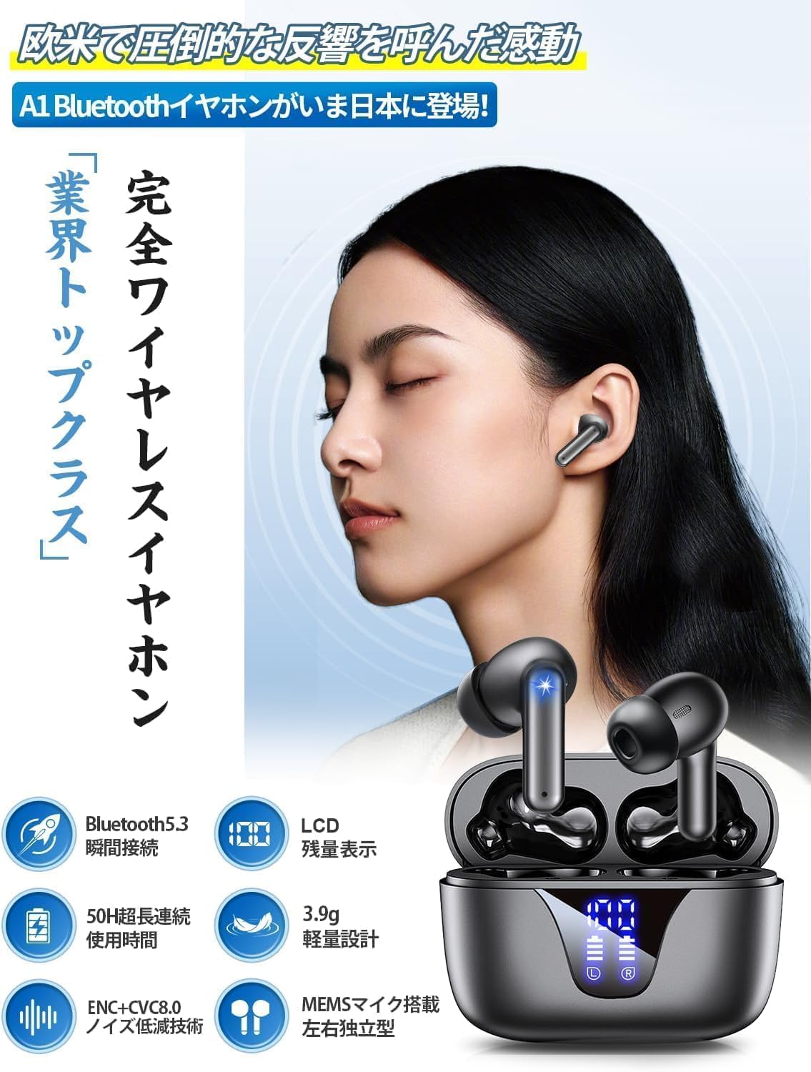 Bluetoothワイヤレスイヤホン A1 | IPX7防水・タッチコントロール・自動ペアリング・マイク付き