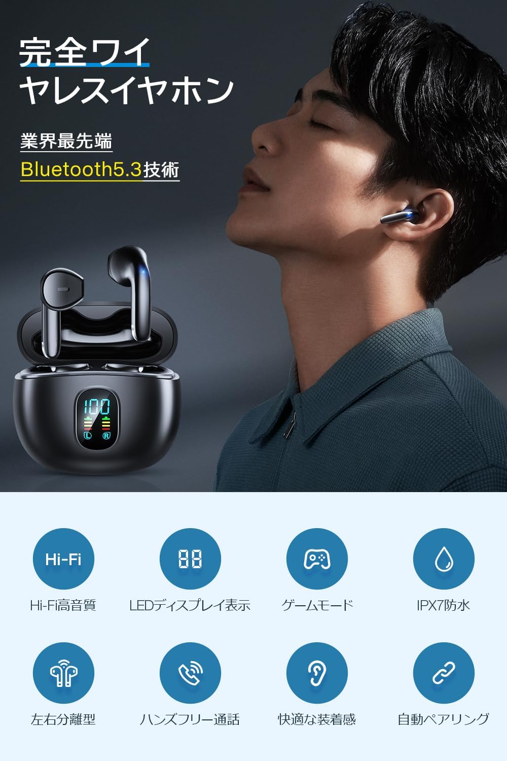 Bluetooth5.3ワイヤレスイヤホン｜3g超軽量・ノイズキャンセリング・IPX7防水・ハイファイ音質・自動ペアリング
