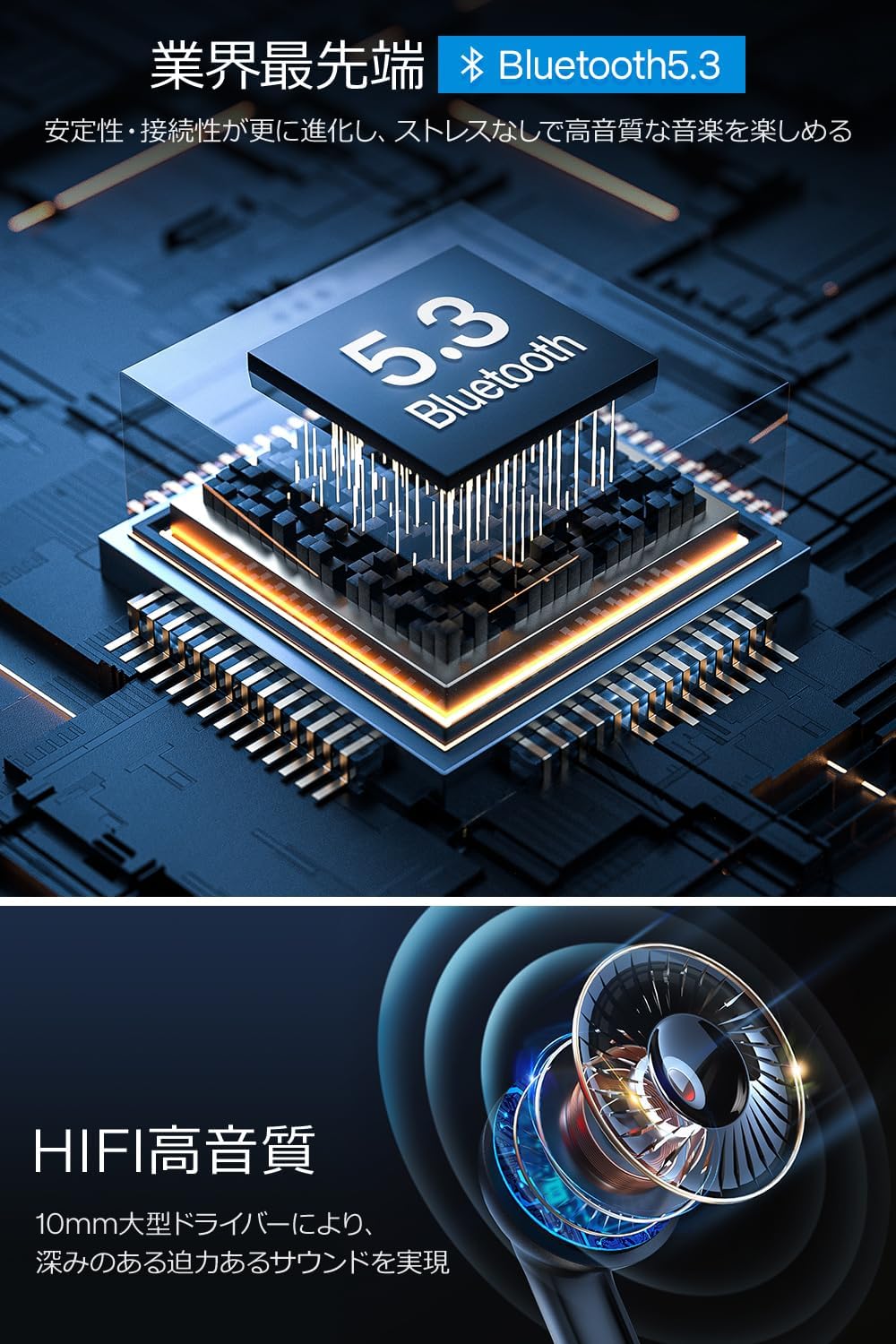 Bluetooth5.3ワイヤレスイヤホン｜3g超軽量・ノイズキャンセリング・IPX7防水・ハイファイ音質・自動ペアリング