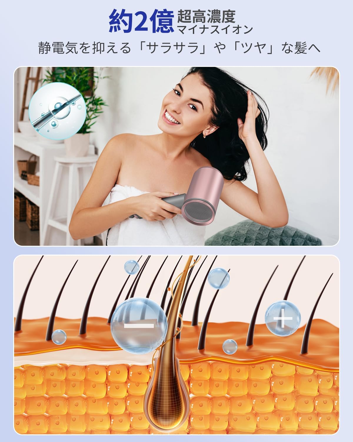 折り畳み式大風量ヘアドライヤー【美容師監修】高濃度マイナスイオン・57℃恒温ヘアケア・温冷風切替・3段階風量調節・コンパクト・旅行にも最適 (ピンクグレー)