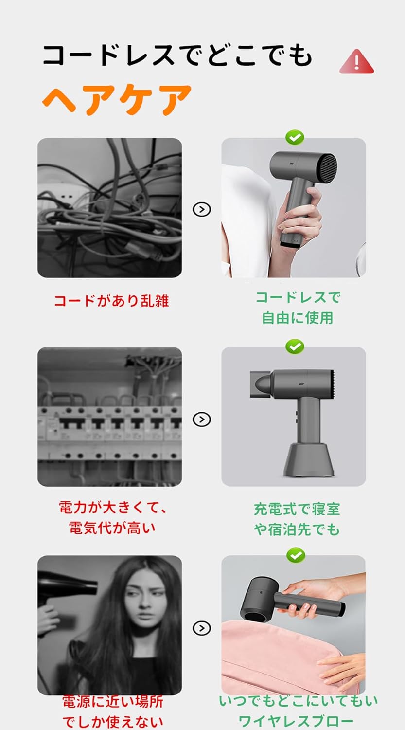 コードレス充電式ドライヤー 6段階風量調整 家庭・旅行用