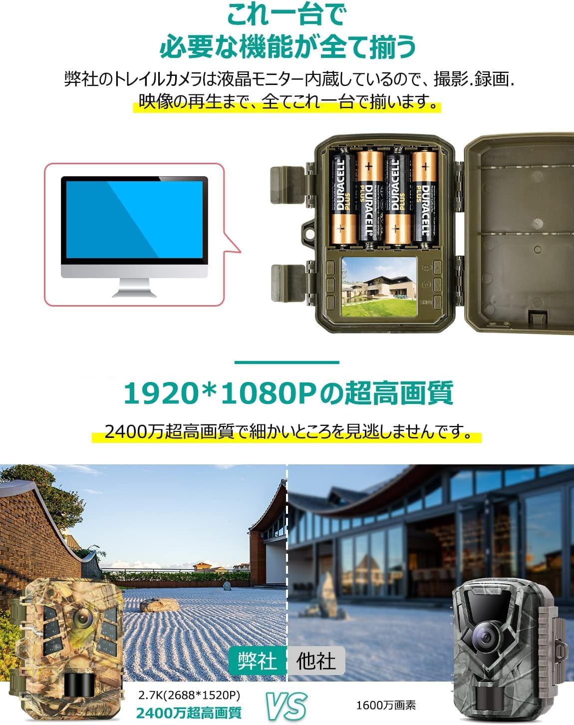 防犯カメラ トレイルカメラ 2400万画素 1920PフルHD 人感センサー IP66防水 32GBカード付き