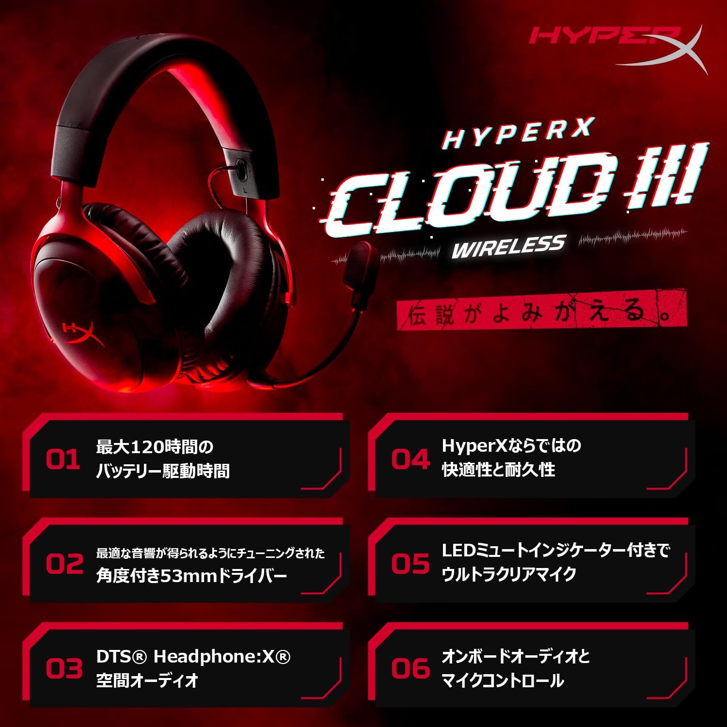 HyperX Cloud III ワイヤレスゲーミングヘッドセット - DTS Headphone:X対応、53mmドライバー、快適な装着感、ブラック・レッド